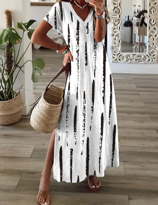 Striped Short Sleeve V Neck Dress