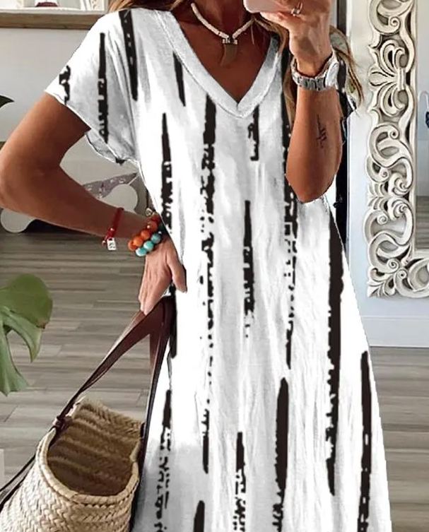Striped Short Sleeve V Neck Dress